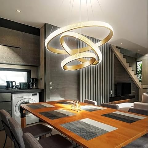 EMBRING Modern Gold Chandelier Light Fixture,Modern Crystal Chandelier 3 Rings Chandelier Dimmable,Luxury Led Chandelier Crystal Modern Chandelier for Dining Room Height Adjustable Led Pendant Light Cover