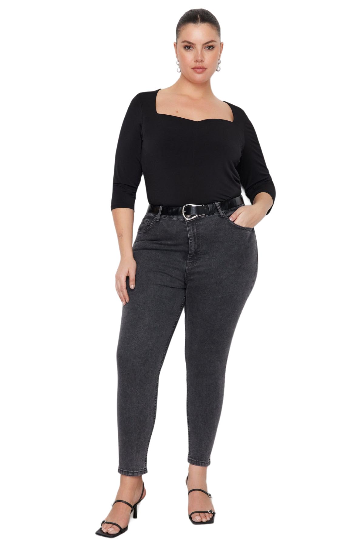 Trendyol Damen Grau Man Plus Size High Waist Plus Size Jeans, Gray, 42