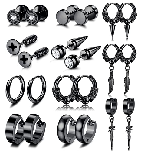 ADRAMATA 11 Paires Boucles d'Oreilles Hommes Noir Argent Boucles d'Oreilles en Acier Inoxydable Bouchons d'Oreilles à Vis Boucles d'Oreilles Pendante Punk Boucles d'Oreilles Noires pour Hommes Femmes