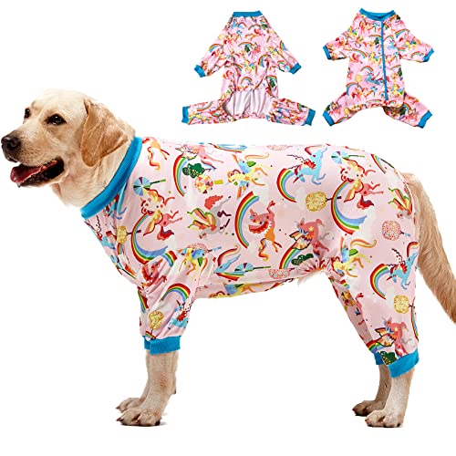 LovinPet Large Dog Pajamas Onesie, Magic Rainbow Shine Pink Print, Lightweight Stretchy Knit Pullover Large Puppy Pajamas, Pjs for Pitbulls, Stop Shedding for Dogs, Pet PJ's, 2XL