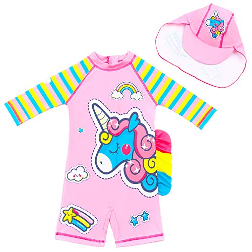 Baby Toddler Girls Unicorn Swimsuits One Piece Swimwear Bathing Suits Rash Guard UPF 50+ (Pink Rainbow Unicorn, 4-5 Years)