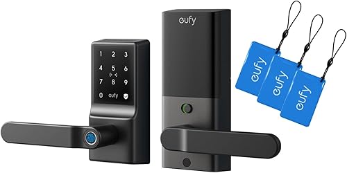 eufy Smart Lock C33 con tarjeta NFC de 3 piezas, cerradura de puerta de huella digital sin llave con asa, Wi-Fi integrado, control remoto, entrada