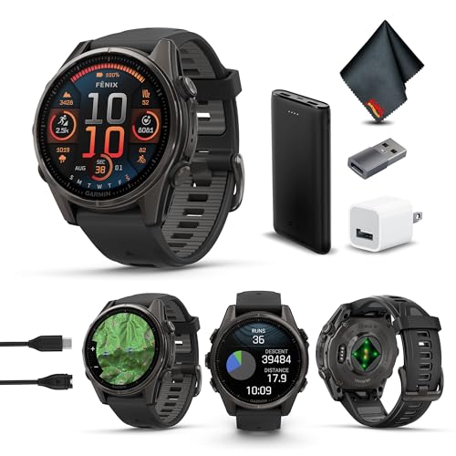 Garmin Fenix 8 AMOLED Sapphire Premium - Reloj inteligente multideportivo GPS de 43 mm, color gris carbono, titanio DLC con correa de silicona negra y gris, linterna LED, paquete de reloj inteligente
