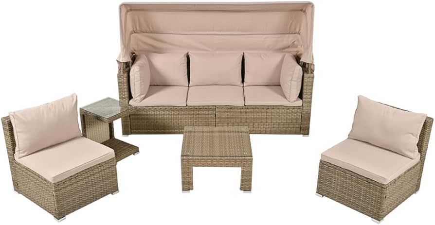 Amazon.co.jp: ガーデンファニチャー 5点セット パラソル付き ラタン調