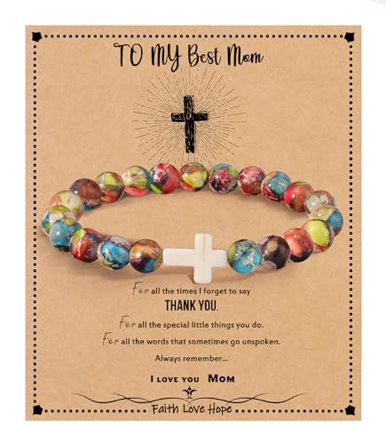 Image of Cross Bracelets for Women, Christian Gifts for Women Stocking Stuffers for Teens Cross Bracelet Imperial Nature Stone Bead Bracelet Confirmation Baptism Gift for Teen Girls Christmas Religious Gift Cathlic Faith Jewelry