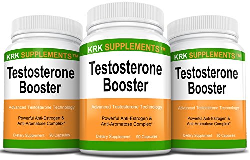 3 Bottles Testosterone Booster Anti-Estrogen Anti-Aromatase Complex Tribulus Terrestris Extract Chrysin Diindolylmethane DIM Eurycoma Longifolia Jack Gamma Oryzanol 270 Total Capsules KRK Supplements