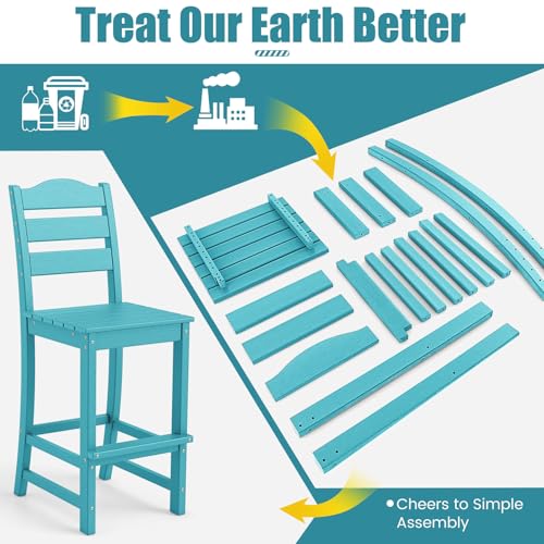 Image of Tangkula Patio HDPE Barstool, Outdoor High Top Bar Chair w /Backrest & Footrest, All-Weather Wood-Plastic Bar Height Chair for Poolside, Backyard, Porch (2, Turquoise)