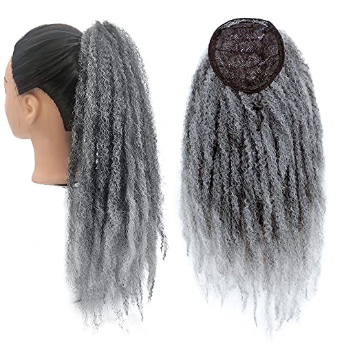 Yinmei Baibian Grey Kinky Curly Drawstring Ponytail Marley Hair Braids Ponytail 18inch Synthetic Afro Braids Bun Ponytail Clip in Hair Extensions for Black Women(1B/Grey#)