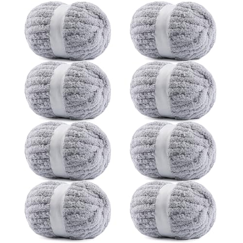 Image of 8 Pack Chunky Yarn for Hand Knitting - #10 Super Bulky Chenille Yarn, Fluffy Jumbo for Thick Hand-Knit Blankets, Scarves 25 Yds 7.94 Oz Each Skein (8, Light Gray)