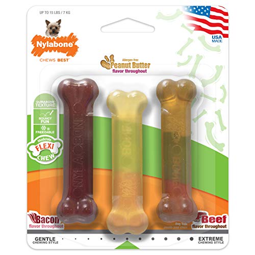 Nylabone Flexi Chew Bone Triple Pack, 3 Durable Textured Chew Toys, Freeze & Treat, Promotes Dental Health with Peanut Butter, Savoury Flavours, Ideal for Small Dogs, Puppies Upto 7kg, X-Small (B071RBFHQ8) Amazon Price History, Amazon Price Tracker