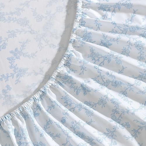 Image of Laura Ashley - Queen Size Sheet Set, Crisp Cotton Percale Bedding with Ruffle Pillowcases, Fully Elastic Deep Pocket Fitted Sheet, Floral Room Decor, Breathable All-Season Comfort (Victoria Blue)