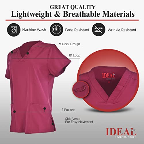 Ideal V-Neck Scrub Top For Men & Women- Unisex Workwear Medical Scrub With 2 Side Pockets, Wine, Large, 2 Pack #TOP4