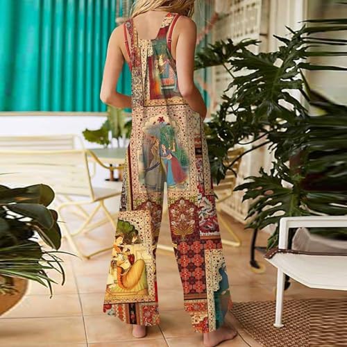 Salopette pantalon large femme imprimé floral bohème rétro chic pour été et voyage décontracté