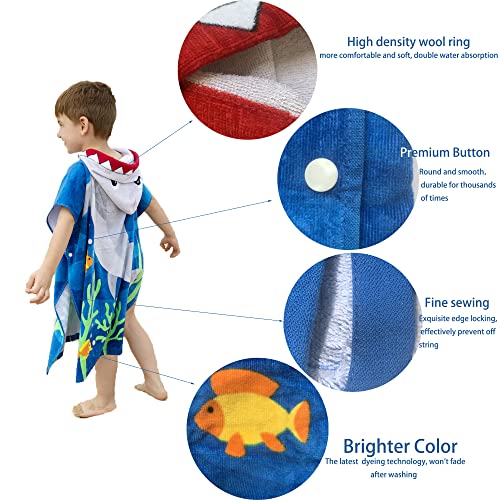 Kids Hooded Ponchos Bathrobe 100% Cotton Super Soft Children Changing Robe for Beach Swimming Towel (M, Shark)2