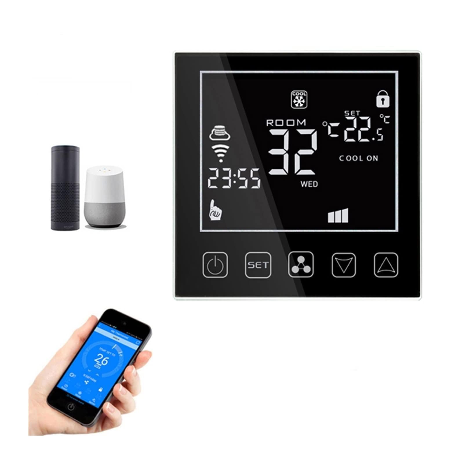 Cyfrowy higrometr termometr wewnętrzny WiFi Smart Thermostat 24V dla centralnych klimatyzatorów Fcu. Wentylacja chłodzenia regulatora temperatury pokojowej Z wyświetlaczem LCD(Green)