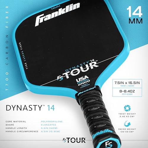 Image of Franklin Sport Pro Pickleball Paddles - FS Tour Series Carbon Fiber Paddles - Official USA Pickleball (USAPA) Approved - Dynasty Pro Player - 14mm Polymer Core - Blue