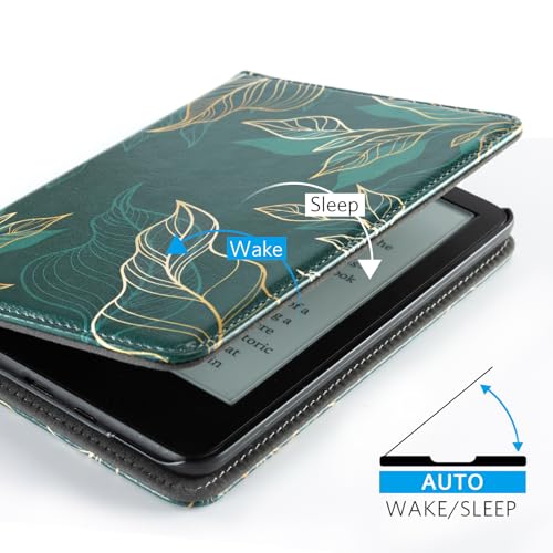 Image of CoBak Case with Stand for 6 inch Kindle (2024 & 2022, 11th Gen) - PU Leather Smart Cover with Auto Sleep /Wake & Hand Strap, Premium Protective Case for Kindle Basic,Green Pattern