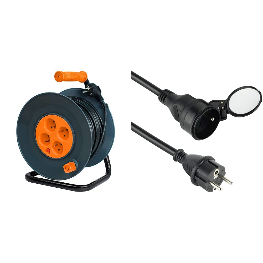 Zenitech Enrouleur HO5VV F 4 prises 3G1,5 40m + coupe circuit & Electraline 200122 Rallonge Prolongateur électrique IP44 Profesionnelle étanche 10 m Noir - Section 3G1,5 mm²