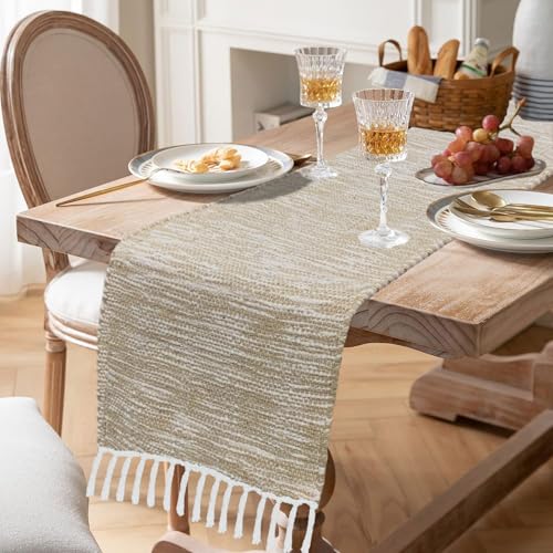 Image of Luxe Home Elegant Beige and White Woven Table Runner with Tassels - Mix Cotton Jute 13 x 74 Inch, Textured - Perfect for Dining Table, Center Table, Decor