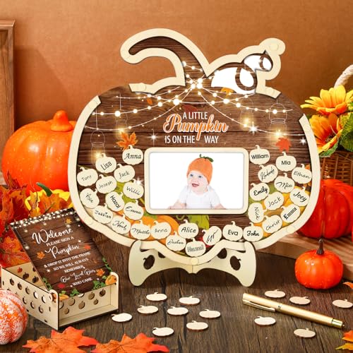 Image of Wenqik 63 Pcs Rustic Little Pumpkin Baby Shower Guest Book Alternatives Set Baby Shower Decorations with Photo Frame Sonogram Frame Keepsake 60 Wood Slices Guest Book for Birthday