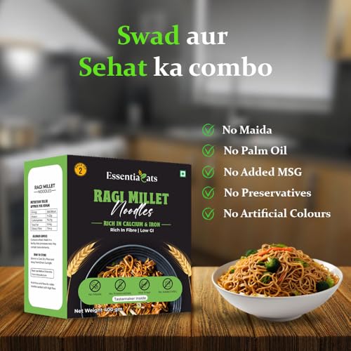 Image of Essentiaeats Ragi Millet Noodles Includes Tastemaker 400g Pack of 2, No Maida Not Fried No Preservatives No MSG Healthy Hakka Noodles Ready to Cook