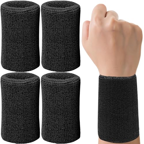 Image of 6 Inch Wrist Sweatbands Tennis Wrist Bands Absorbent Sweat Band for Men and Women Sport Long Wrist Bands, Breathable Cotton Athletic Sweatbands for Basketball, Workout, Running (4 Pack)