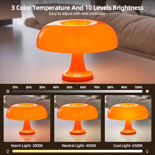 Orange Bedside Lamp for Bedroom Nightstand, Retro Mushroom Table Lamp with 3 Lighting Color and 10 Brightness Level, Desk Lamp for Reading Room/Office/Dorm(W11'' x H7.67'', USB Powered) - Image 3