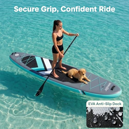 Image of SereneLife 10'6 inch Inflatable Stand Up Paddle Board with Premium SUP Accessories - 32 inch Wide Stable Design with Non-Slip EVA Deck Pad, for Youth and Adults, 350 lbs. Capacity