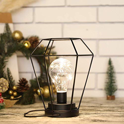 Diamond Metal Cage Table Lamp Battery Powered,Cordless Lamp with LED Edsion Style Bulb for Weddings,Parties,Patio,Events for Indoors/Outdoors and More (Hanging Hook Included)