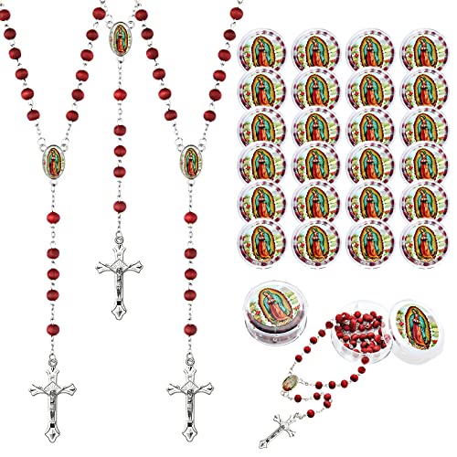 Brilucky 24 PCS Red Rosary Beads Bulk For Baptism Favors Regligious Bulk Rosaries For First Communion Party Favors Rosary Beads Necklace Gifts For Recuerdos De Bautizo Primera Comunion
