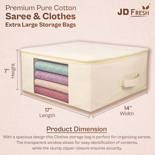 Image of JD FRESH 2 Pcs Cotton Saree Cover for Wardrobe /Space Saving Bag with Zip Closure & Big Transparent Window /Wardrobe-Cupboard Organizer for Clothes /Bedsheets /Lehengas (17 X 14 x 7 Inch, Off White)