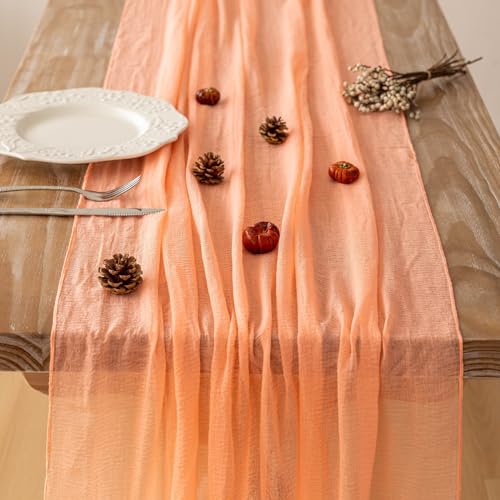 Image of Fresh Salmon Cheesecloth Table Runner 120 Inches for Party Home Decorations | For Thanksgiving Friendsgiving Wedding Bridal Shower Baby Shower Engagement Party 10FT Rustic Boho Home Decor