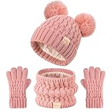 Tontuland Kinder Wintermütze Schal Handschuhe Set Kinder warm stricken Fleece gefüttert PomPom Hut für Kinder im Alter von 3-9, perfekt für Jungen und Mädchen