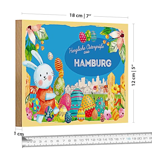 Buntes Holzschild | Herzliche Ostergrüße | aus Hamburg | 18 cm x 12 cm