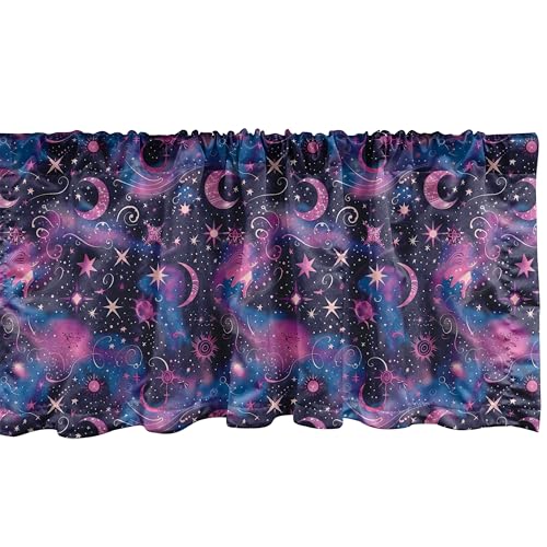 Ambesonne Celestial Window Valance Pack of 2, Fantasy Dream Oriental Astronomy Art Crescent and Starry Atmosphere, Rod Pocket Curtain Valances for Kitchen Bedroom, 54" X 18", Dark Night Blue Fuchsia