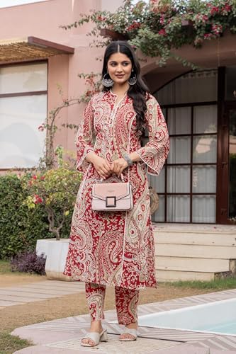 Image of Pistaa's Women Pure Cotton Paisley Printed A-Line Kurta with Pants Set