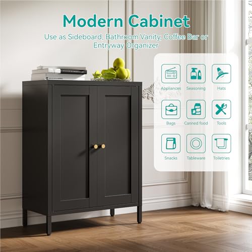 Image of Small Metal Storage Cabinet,11.8 inch D x 23.6 inch Wx31.5 H,Bathroom Cabinet with Adjustable Shelves,Shaker Cabinet for Kitchen Living Room Entryway Dining Room, 3-Tier,Black