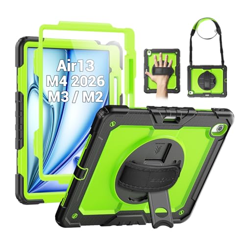 Image of SEYMAC for iPad Air 13 Inch Case M4 / M3 / M2 (2026 /2025 / 2024), Heavy Duty Shockproof Protective Case with Screen Protector, 360 Rotating Stand, Hand /Shoulder Strap and Pen Holder, Green