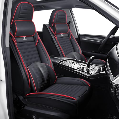 Image of Car Seat Cover for Chevy Equinox 2005-2026 Full Coverage Nappa Leather Car Seat Protector, Fashion Anti-Slip Waterproof Breathable Easy to Install, Auto Interior Accessories(Front Seat,Black&Red)