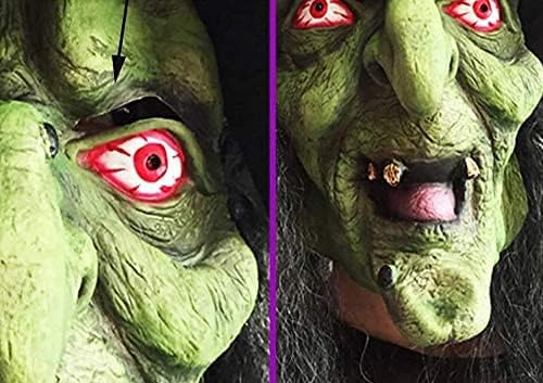 Miniatura 4 de Green Witch Mask Halloween Latex Wizard Mask with Black Wigs Hat Scary Old Witch Head Mask with Hoodie Hat Long Hair Mask