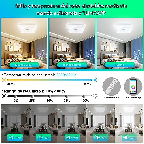 TOPBOS 30W Lampara Led Techo con Altavoz Bluetooth,RGB Plafon Led de Techo Regulable con Control Remoto y APP, Lamparas de Techo Music para Baño Dormitorio Sala de Esta - imagen 3