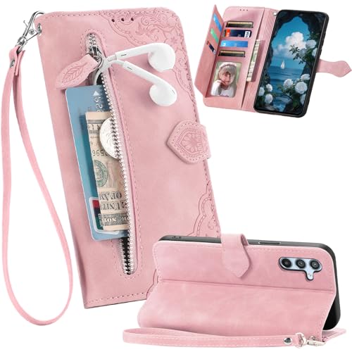 Fofvccv Custodia Portafoglio per Samsung Galaxy A36 con Motivo Fiori, Cover a Libro in Pelle PU conTasca Zip Porta Carte Cinturino da Polso Supporto Antiurto per Samsung A56 SZY Pink