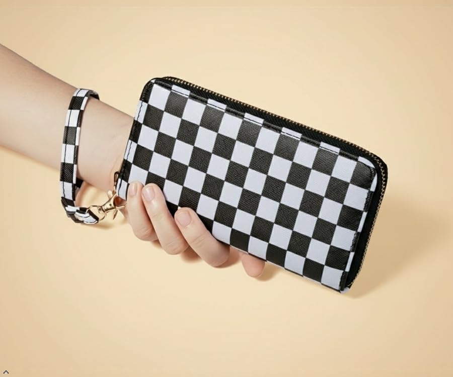 Image of Checkered Cow Print Wallet For Women Skull Goth Frog Butterfly Turtle Ladies Cluth Wristlet Wrist Strap Long Purse Zip Around Card Holder