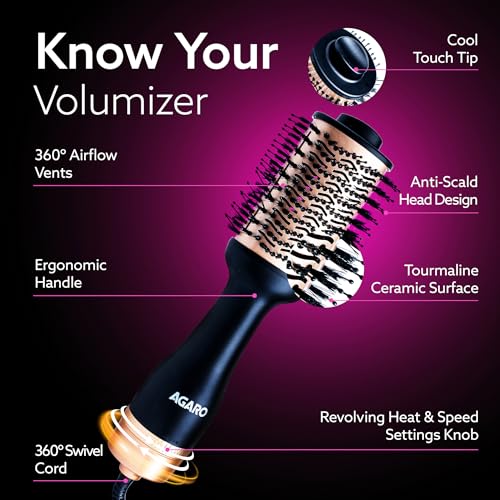 Image of AGARO Hot Air Brush for Hair, Blow Dryer Brush, Volumizer & Styler, 360 Air flow Vent, Oval Barrel for Hair Volume, Charcoal Bristles, Ceramic Coating Brushing Head, 1200W, Gold & Black HV2179