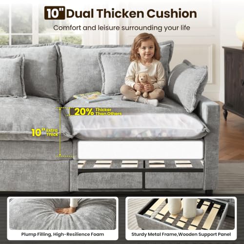 Image of ovios 108 inch Cloud Couch with Thicken Cushion, 3-Seat U-Shaped Modular Sectional Sofas with Movable Ottomans, Modern Comfy Deep Seat Chenille Couches for Living Room, Gray
