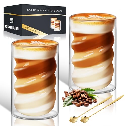Latte Macchiato Gläser Doppelwandige 400ml 2er Set KaffeegläSer Doppelwandige mit 2 Löffeln Thermogläser Trinkgläser aus Borosilikatglas Eiskaffee Tassen Teegläser