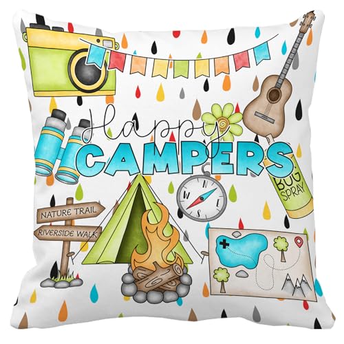 Leaveland Kissenbezug mit Aufschrift 'Happy Camper', 45,7 x 45,7 cm, dekorativ, weich, für Mädchen, Jungen, Kinderbett, Geschenk, Klassenzimmer, Dekorativer Kissenbezug