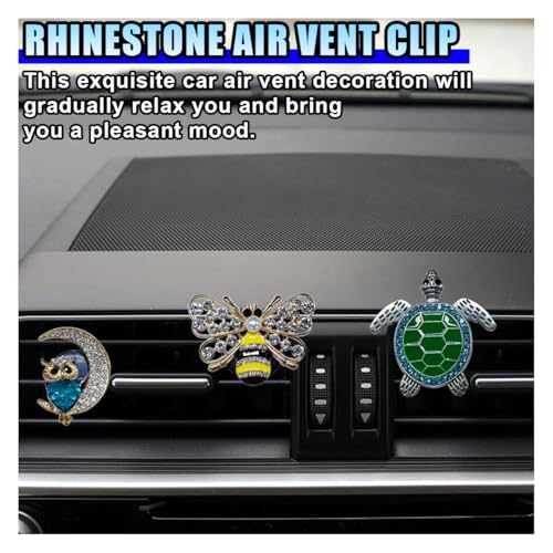 Image of 3PCS Bling Bee Car Dashboard Air Vent Trim Clips, Crystal Rhinestone Air Vent Clips, Car Aromatherapy Diffuser Decoration Clip, Auto Interior Accessories for Women (Turtle+Bee+Crescent Owl)