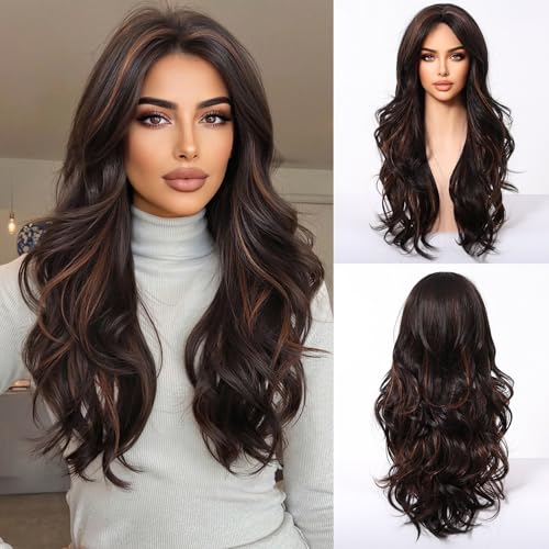 OMELPIS Long Black with Brown Highlights Wavy Wigs with Bangs Natural Charming Heat Resistant Synthetic Fiber Wigs for Women Layered Hair for Daily Dating Family Gathering Party 60cm