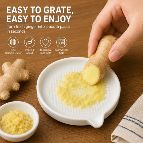 Image of Ceramic Garlic Grater Plate with Cleaning Brush, Manual Fruit Vegetable Garlic Ginger Grinding Dish for Puree Preparation,